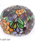 Tiffany Style Stained Glass Table Lamp With Red Rose Shade, colorful floral pattern, 12-inch shade, angle view.