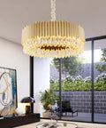 Next Level Gold Crystal Chandelier Round Ceiling Light Three Color Dimmable Modern Pendant Lamp 80cm Diameter in stylish living room setting.