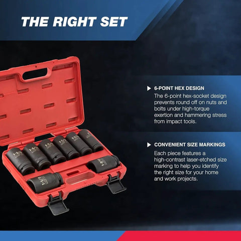 Three Quarter Inch Drive Impact Socket Set, SAE 1 Inch To 1 And A Half Inch, 8 PC Deep Jumbo Sockets in red case
