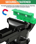 Pro Level Knockout Magnetic Vise Jaw Pads 2 Pack on bench vise, showing secure attachment and magnet grip for metalworking.