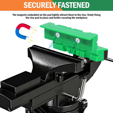 Pro Level Knockout Magnetic Vise Jaw Pads 2 Pack on bench vise, showing secure attachment and magnet grip for metalworking.