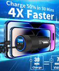 Dual USB Fast Car Charger 4.8A with 6ft Coiled Lightning Cable attached to smartphone