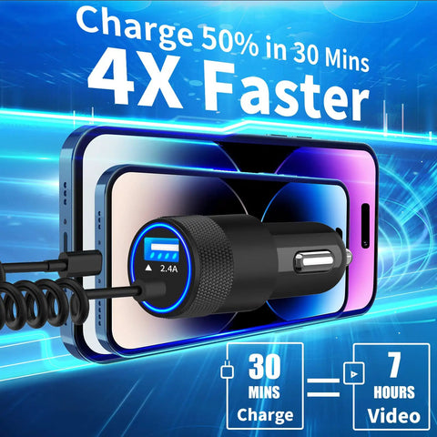 Dual USB Fast Car Charger 4.8A with 6ft Coiled Lightning Cable attached to smartphone