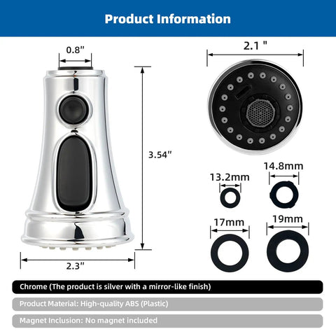 Dimensions of Kitchen Faucet Head Replacement With 3 Function Pull Down Sprayer, 15 Adapters Compatible With Moen, Chrome Finish