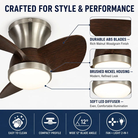 MADISH Walnut 21.7 Inch Flush Mount Ceiling Fan with Lights and Remote, featuring rich walnut blades and brushed nickel housing.