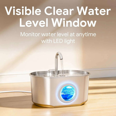 Stainless Steel Cat Water Fountain With 73oz Capacity and Water Level Window, LED Display, No Mess Dispenser for Cats and Small Dogs.