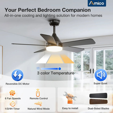 42 Inch Black Ceiling Fan With Light Kit Remote Control Reversible Blades 3CCT Dimmable Lights Quiet Noiseless Operation