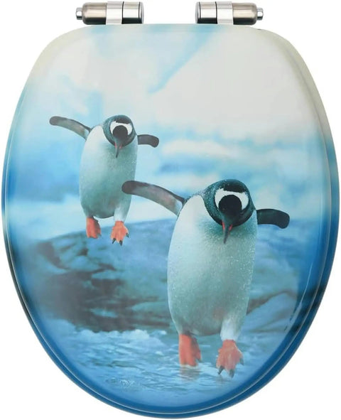 Super Chill Soft Close Toilet Seat Covers With Hella Cozy Flannel Padding Adorable Penguin Design And Snug Universal Fit, featuring two penguins.