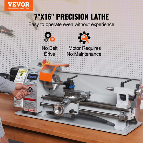 Real Deal 7 X 16 Inch Benchtop Metal Lathe With 800W Brushless Direct Drive Motor And Seamless Variable Speed Up To 2500 RPM, shown operating.