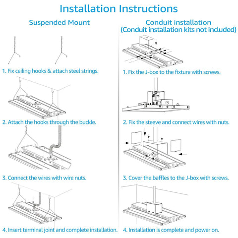 Installation instructions for 160W LED Linear High Bay Light for Warehouse and Shop Floor, 21600 Lumens, 2ft, 5000K