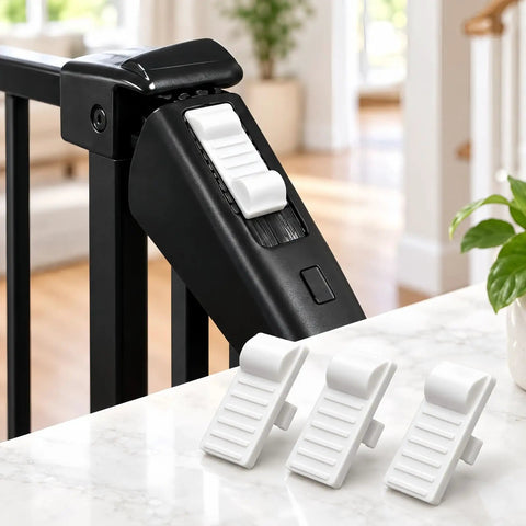 Safety Gate Replacement Clip For Effortless Quick Install With Snug Lock Fit to banish loose wobbles, white nylon clips on table.