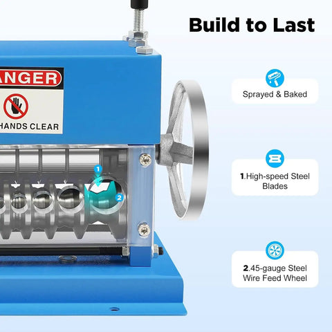 Heavy Duty Portable Electric Wire Stripper & Automatic Cable Cutter For Scrap Copper Recycling showing high-speed steel blades and wire feed wheel.