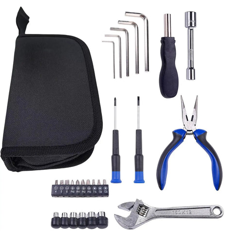 Compact 28 Piece Motorcycle Tool Kit For On The Road Repairs Under The Seat Grab And Go Travel Ready Essentials shown with tools and case