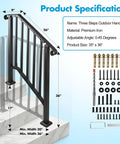 Heavy Duty Carbon Steel Handrails For Outdoor Steps Slick 2 Step Stair Rail Kit with dimensions and installation hardware diagram.