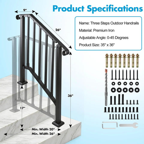 Heavy Duty Carbon Steel Handrails For Outdoor Steps Slick 2 Step Stair Rail Kit with dimensions and installation hardware diagram.