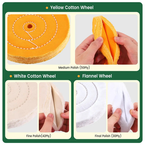 Top Shelf Eight Inch Buffing Polish Wheel Kit For Bench Grinders With Half Inch Arbor, featuring yellow cotton, white cotton, and flannel wheels.