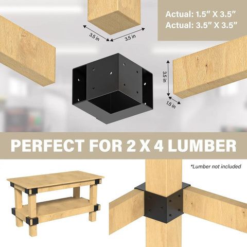 Set Of 8 Rock Solid Heavy Duty Workbench Bracket Kit With Screws For 4X4 And 2X4 Lumber with black powder coated steel corner braces.