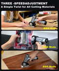 Upgraded Brushless Cordless Electric Cutting Tool With Led Display And Flexible Blade showing different speed modes on materials.