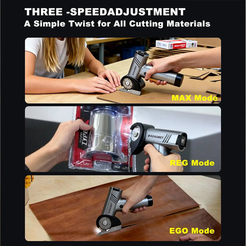 Upgraded Brushless Cordless Electric Cutting Tool With Led Display And Flexible Blade showing different speed modes on materials.