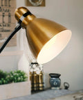 Close-up of brass finish dimmable floor lamp with sturdy base for over chair reading, adding modern elegance to home decor.