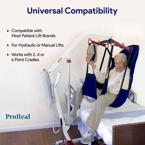 ProHeal Universal Patient Lift Sling Large 62 X 42.5 Inches With Divided Legs For Safe Transfer And Mobility Support in use with a patient.