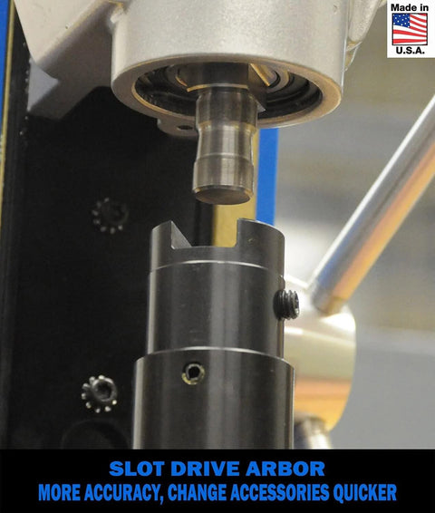 Hougen HMD905 115-volt magnetic drill with black mounting collar and exposed spindle, close-up.