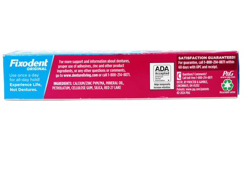 Back of Fixodent Original denture adhesive box showing ingredients, ADA acceptance, and satisfaction guarantee details.