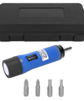Budget-Friendly Preset Portable Screwdriver With Replaceable Bits For Precision Instruments And Machinery Manufacturing, Handy Hand Tool With Auto Forward And Reverse Switching And Audible Alarm. Compact blue preset screwdriver with black case and replaceable bits