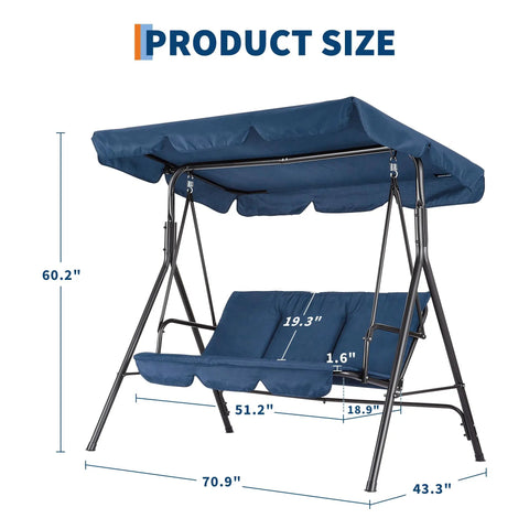 Three Seat Outdoor Swing Chair With Adjustable Canopy Stable Metal Frame Heavy Duty Stand Perfect Backyard Patio And Lawn Seating