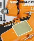 Heavy Duty 6 Inch Bench Vise With 7 Inch Jaw Opening And 360 Degree Swivel Base, chrome-plated screws and large anvil.