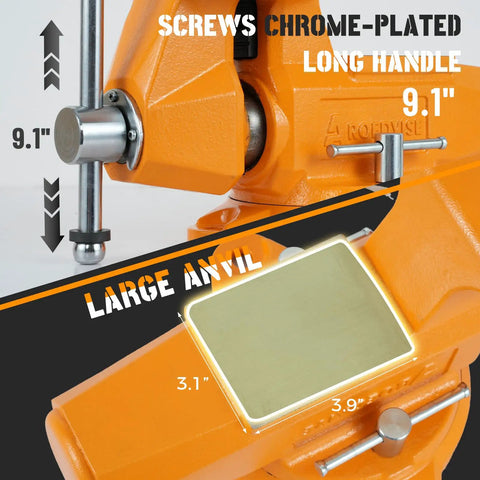 Heavy Duty 6 Inch Bench Vise With 7 Inch Jaw Opening And 360 Degree Swivel Base, chrome-plated screws and large anvil.