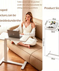 Stylish Electric Height Adjustable Mobile Overbed Side Table With Quiet Lifting Motor, Digital LED Display, Hidden Rolling Wheels, And Sleek Design For Ultimate Comfort And Versatile Usage In Any Bedroom Or Home Office Setup Today, C-shaped under sofa design.