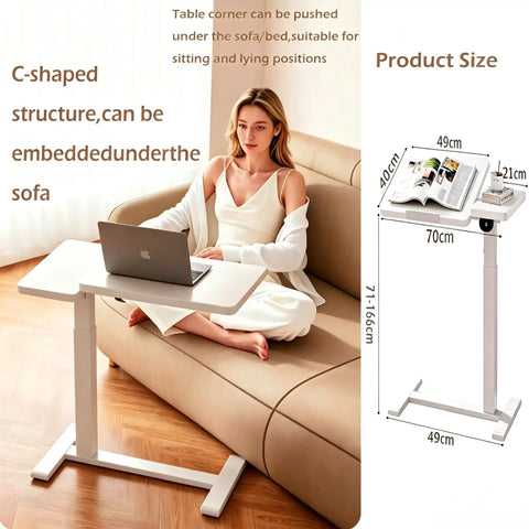 Stylish Electric Height Adjustable Mobile Overbed Side Table With Quiet Lifting Motor, Digital LED Display, Hidden Rolling Wheels, And Sleek Design For Ultimate Comfort And Versatile Usage In Any Bedroom Or Home Office Setup Today, C-shaped under sofa design.