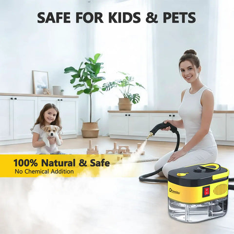 Portable Handheld Steam Cleaner With Six Adjustable Pressure Levels And Fifteen Utility Tips Blasts Out High Heat to clean surfaces safely around kids and pets.