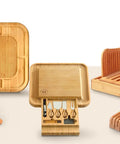 Bamboo kitchen accessories from Bambüsi Collection, including cutting board, utensil holder, and dish rack, featuring wood slats.