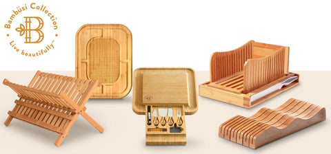 Bamboo kitchen accessories from Bambüsi Collection, including cutting board, utensil holder, and dish rack, featuring wood slats.