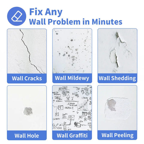 Image showcasing various wall problems including cracks, mildew, shedding, holes, graffiti, and peeling.