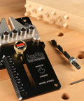 Super Handy Adjustable Doweling Jig For Spot On Three Eighth Inch Dowel Holes In Wood Projects Features One Eighth Increments Up To Three And Half Inches From Edge Durable Aluminum Build With Five Bushings Drill Bit Stop Collar Pin Included on a wood surface with dowels and tools