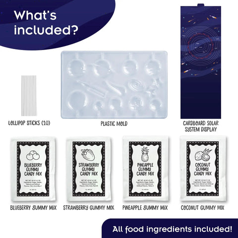 Space Gummy Candy Lab STEM Experiment Kit For Kids Make Space Themed Gummy Pops And Candies Explore Chemistry In Cooking Safe To Eat Made In USA Food Ingredients Included Up To 72 Gummies with included mix packs and molds