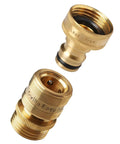 Easy Connect Low Lead Locking Garden Hose Quick Connect Fittings 3/4 Inch GHT Solid Brass Leak Proof Up To 200 PSI Built Tough Heavy Duty Set With Industrial Grade Construction And Easy Install Quick Connect System, showing brass fittings front view.