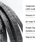 Graphite braided packing for pump glands or valve stems; 0.47 in diameter, 101 ft length.