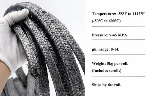 Graphite braided packing for pump glands or valve stems; 0.47 in diameter, 101 ft length.