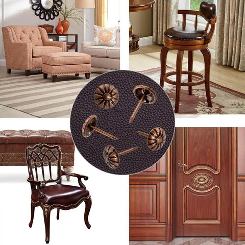 Killer Red Copper Upholstery Tacks With Classic Daisy Pattern For Furniture Restoration 100 Piece Pack on furniture surfaces.
