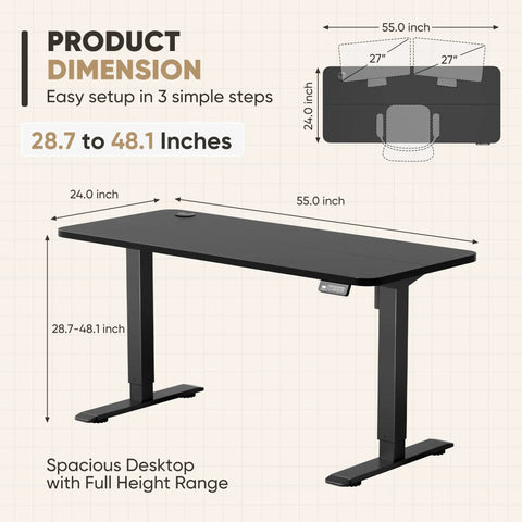 55 By 24 Inch Electric Height Adjustable Standing Desk For Home Office With Memory Preset And T Shaped Metal Bracket Big Sit Stand Computer Desk Black, showcasing dimensions and height range.