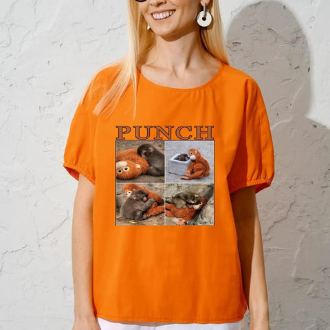 Orange tee with 'Punch' text and baby monkey images from Dope Monkey Team DTF Transfers Pack For DIY Tees, Ready To Press Heat Transfers, 7x7 Inch Iron On Vinyl Decals, Washable Sticker Set For T Shirts, Vibrant HD Color Baby Monkey Designs To Elevate Your Custom Clothing.