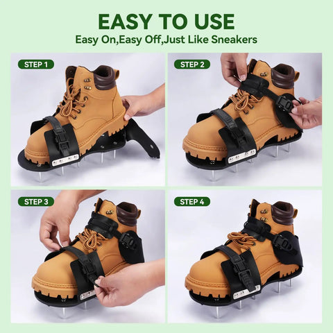 Lawn Aerator Shoes For Grass That Make Aeration A Breeze Easy On Buckle Spike Shoes For Lawn And Garden demonstration steps