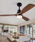 52 Inch Outdoor Ceiling Fan With Lights And Remote Control, black ceiling fan with wood blades for patio and living room setup.
