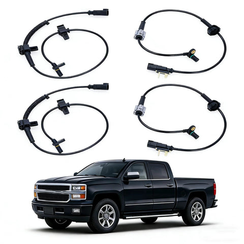 Four ABS wheel speed sensors with harnesses for front and rear wheels; fits 2014–2019 GM trucks