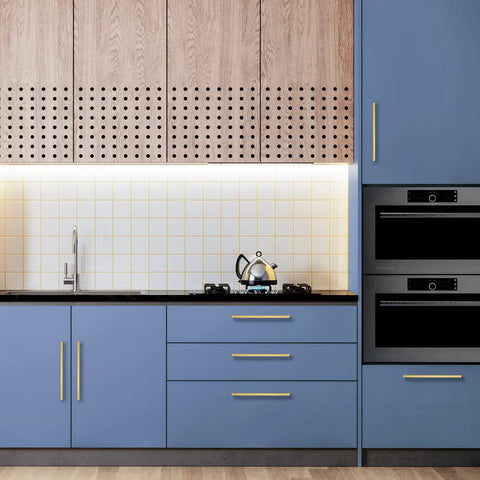 Modern kitchen with blue cabinets featuring Brushed Brass Cabinet Pulls Gold Tone, 13 Inch Long With 0.5 Inch Wide, And 1.4 Inch Height.