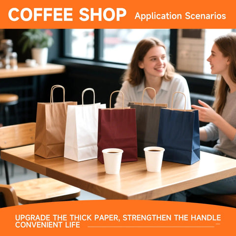Kraft Paper Gift Bags With Handles Bulk Pack 100, 8x4.5x10.8 Inch Recyclable, shown on café table with two women